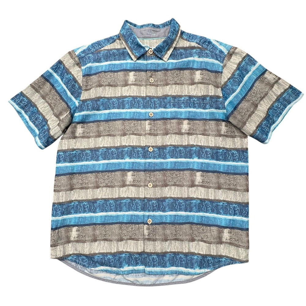 Tommy Bahama Coconut Point IslandZone Shirt Mens L Blue Stripe Tropical Hawaiian